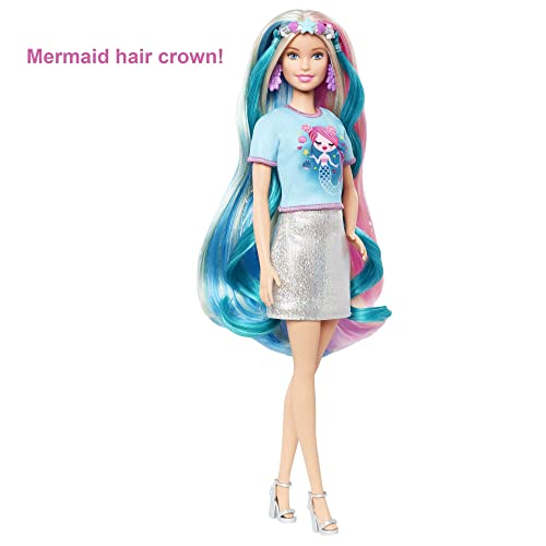 Barbie Fantasy Hair Doll, Barbie Doll with Colourful Blonde Hair, Unicorn Hair Crown and Mermaid Hair Crown, Doll Accessories, Toys for Ages 5 and Up, One Doll, GHN04