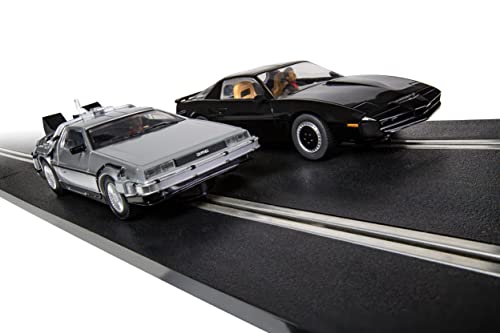 Scalextric 1980s TV - Back to the Future vs Knight Rider Race Set - Electric Race Car Track Set for Ages 5+, Slot Car Race Tracks - Includes: Cars, Track & Controllers - 1:32 Scale Race Sets