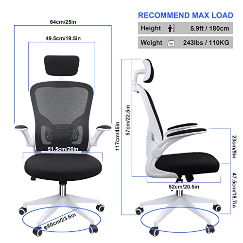 JAJALUYA Office Chair Mesh Computer Chair with Adjustable Headrest and Lumbar Support Desk Chair Ergonomic Office Chair with Flip-up Armrest for Home Office Study (White)