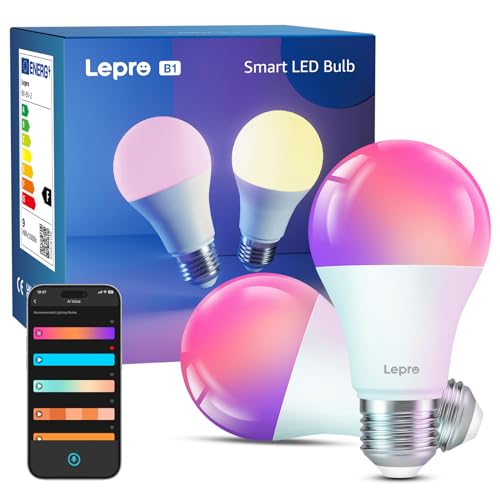 Lepro Smart Bulb E27, B1 Colour Changing WiFi Bulbs, Music Sync, Voice Control, AI Mood Recognition, 16 Million Colors, 806lm,Smart Screw Bulb Work with Alexa,Google Assistant App,2 Packs