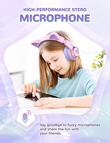 iClever Bluetooth Kids Headphones, BTH13 Cat Ear LED Light Up Wireless 50H Playtime, 74/85/94dB Volume Limiting Children Headphones with Microphone Over for School/Tablet/PC