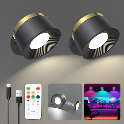 Speclux Battery Wall Lights, Battery Wall Lights Indoor Wall Mounted Lamp with Remote, 3 Color Temperatures & 13 RGB & Dimmable Magnetic 360° Free Rotation Rechargeable Sconces Wall Lighting