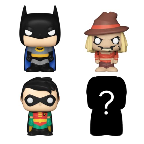 Funko Bitty POP! DC - Batman, Robin, Scarecrow and A Surprise Mystery Mini Figure - 0.9 Inch (2.2 Cm) - DC Comics Collectable - Stackable Display Shelf Included - Gift Idea - Party Bags Stocking