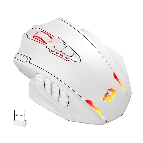 Redragon M913 Impact Elite Wireless Gaming Mouse, 16000 DPI Wired/Wireless RGB Gamer Mouse with 16 Programmable Buttons, 45 Hr Battery and Pro Optical Sensor, 12 Side Buttons MMO Mouse,White