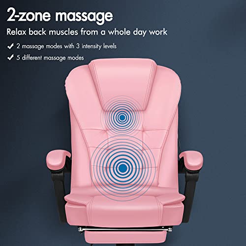 ELFORDSON Pink Office Chair for Home Office, Massage Office Chair with Footrest, Pink Gaming Desk Chair, Comfy PU leather Chair for Adults (Pink)