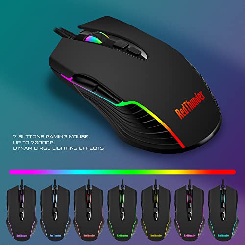 RedThunder K10 Wired Gaming Keyboard and Mouse Combo, UK Layout, True RGB Backlight, Soft Leather Wrist Rest, Mechanical Feel Ergonomic Anti-Ghosting Keyboard + 7D 7200 DPI Mouse for PC, Mac (Black)