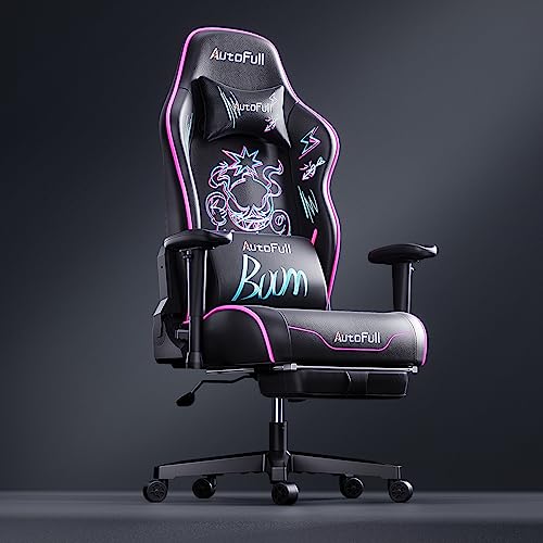 AutoFull C3 Gaming Chair Ergonomic Office Chair Adjustable Tilting Wear-Resistant Soft PU Leather PC Chair with Embroidery and Footrest,Suitable for Office and Gaming,Purple(3 Year Warranty)