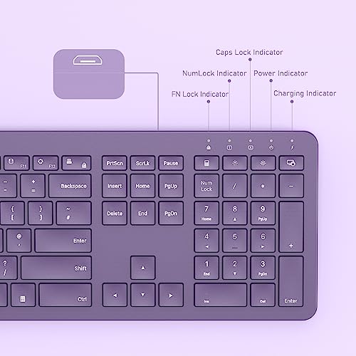 Wireless Rechargeable Keyboard and Mouse Set, Seenda Full Size Thin Wireless Keyboard and Mouse with Numeric Keypad, Computer keyboard mouse combos for Laptop/PC/Windows, Purple
