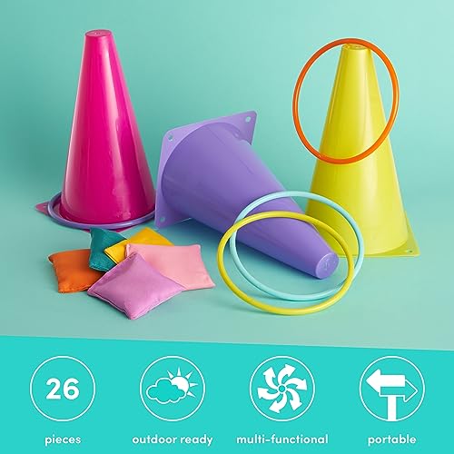 THE TWIDDLERS - 3 in 1 Ring Toss Party Game for Kids Play - Colourful Hoops and Cones, Bean Bag Throwing Toy for Children Carnival, Birthday Outdoor Fun Activity