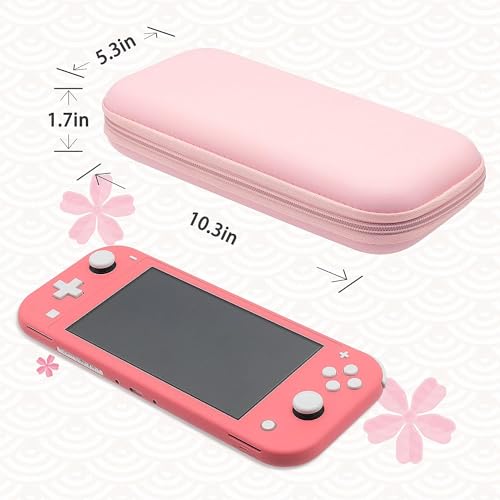 BRHE Pink Travel Carrying Case Accessories Kit for Switch Lite, Hard Protective Cover Skin Shell with Stand, Glass Screen Protector, Thumb Grip Caps 9 in 1