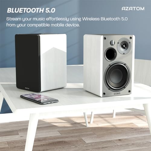 AZATOM EB100 Powered Bookshelf Hifi Speakers, 2.0 Active, Bluetooth, Wired, Wooden Enclosure, Perfect for Music, Vinyl records, Home Theatre, Gaming, Laptops, PC, 50 Watts (White)