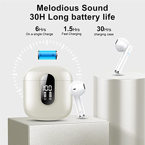 Wireless Earbuds, 2024 Bluetooth 5.3 Headphones, Stereo Earphones with ENC Mic, Wireless Headphones in ear earbuds with Dual LED Display, 30H Playtime, Gym Headphones IP7 Waterproof, Ceramic White