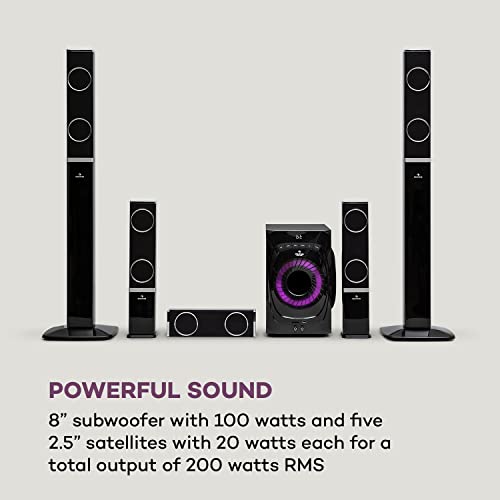 auna Areal 825 5.1 sound system - 5.1 home cinema system with 200 watts RMS power, 8" home cinema subwoofer + 5 speakers, Bluetooth, USB, SD, AUX, incl. remote control, Black