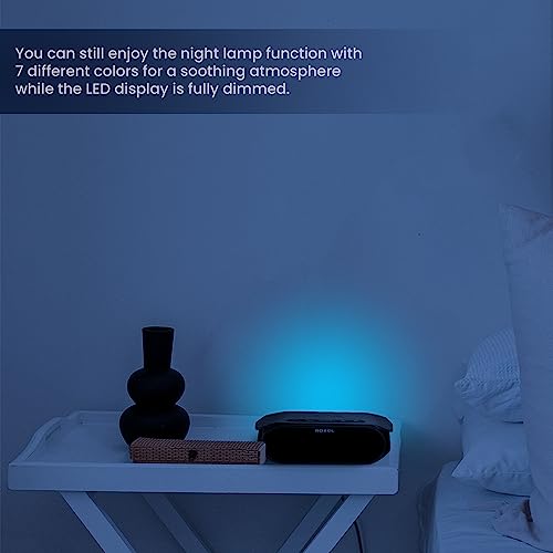 Roxel RAC-10 Bedside Alarm Clock With Super Fast Wireless Charging (5W/10W/15W), For iPhone & Samsung, USB Charger, Mood Lighting Night Lamp function Dimmable LED Display (Black)