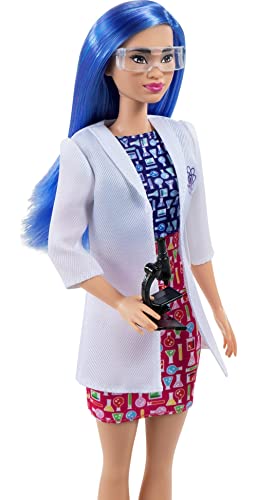 Barbie Scientist Doll (12 inches), Blue Hair, Color Block Dress, Lab Coat & Flats, Microscope Accessory, Great Gift for Ages 3+