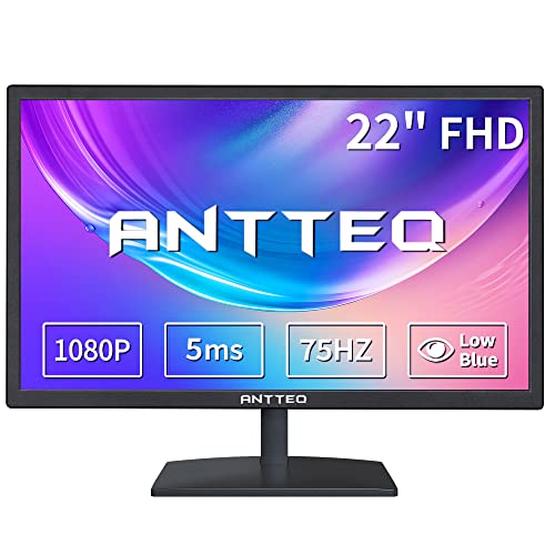 Antteq 22 inch Computer Monitor, 1080P Desktop Business Monitor, FHD 75Hz Monitor 16.7M Colors HDMI VGA Audio Out 5ms Free Flicker Blue Light Filter, LED Gaming Monitor for PC Home Office, Black
