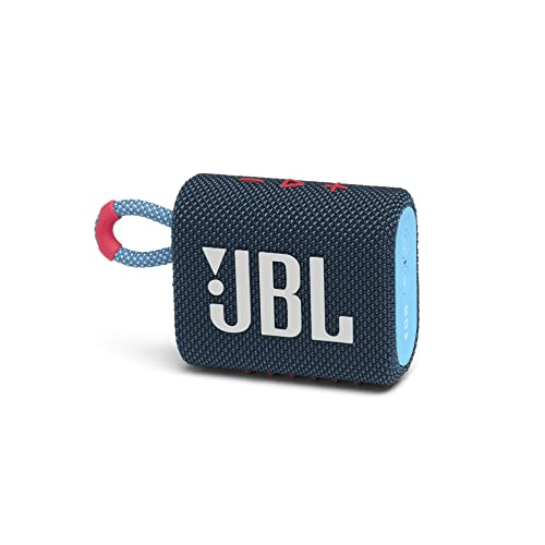 JBL GO 3 - Wireless Bluetooth portable speaker with integrated loop for travel with USB C charging cable, in blue and pink