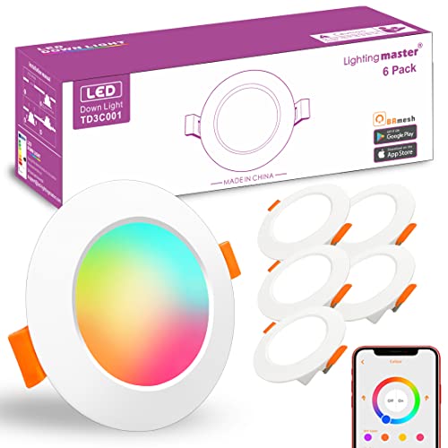 Led Downlights Ceiling 3 inch 60W Equivalent 600LM，Smart Recessed Spot Lights with APP Control, Warm White 2700K - Colour Changing RGB Lighting for Living Room Bedroom Kitchen Bathroom (6packs)