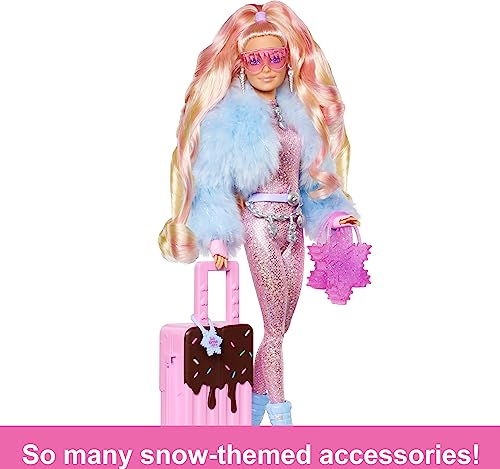 Barbie Travel Barbie Doll with Wintery Snow Fashion, Barbie Extra Fly, Sparkly Pink Jumpsuit and Faux-Fur Coat, HPB16