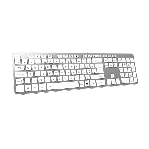 B.FRIENDIT Slim USB Wired Keyboard, Soft Touch and Quiet Key for PC, Laptop and Computer, Full Size QWERTY UK Layout - Silver White