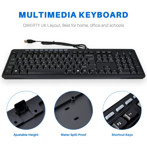 Combrite Wired Keyboard and Mouse Set, Full Size UK Layout Keyboard, Spill Resistant, Dedicated Multimedia Shortcut Keys, Comfort Optical Mouse, for Desktop PC, Laptop Computers, Black