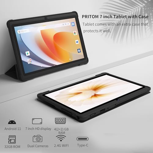 PRITOM 7 inch Tablet Android 11, 4GB(2+2 Expand), 32 GB, (Expandable 128GB) Tablet PC with Quad Core Processor, 3500 Mah, HD IPS Display, Dual Camera, WiFi, Bluetooth, Tablet with Black Case