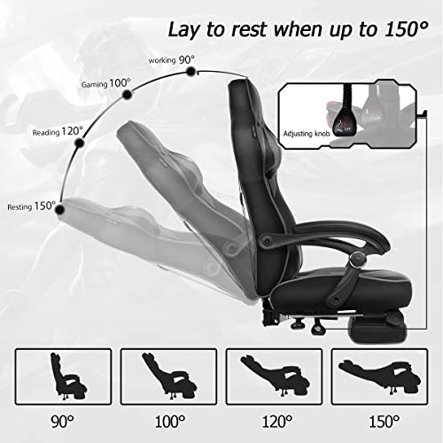 YOURLITEAMZ Racing Gaming Chair with Massage, Office Ergonomic Computer Desk Chair with Padded Footrest Support, Swivel High Back Recliner, High-Adjustable Cushion, PU Leather for Home Office（Grey）