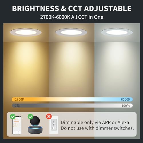 DUSKTEC Smart LED Downlights for Ceiling Alexa, 10W Bluetooth Warm White to Daylight Dimmable Spot Lights, 4" Recessed Ceiling Lights APP and Voice Control for Living Room Bedroom Kitchen, 6 Pack