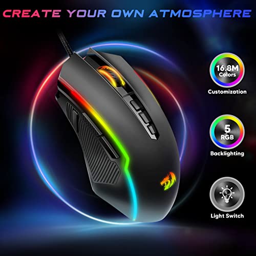 Redragon Gaming Mouse, RGB Gaming Mouse Wired with 9 Programmable Macro Buttons, Chroma RGB Backlit, 8000 DPI Adjustable, PC Gaming Mice with Fire Button for Windows/Mac, Black, M910-K