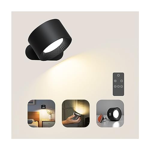 Coollamp Battery Wall Light, Indoor Wall Lamp with Remote/Touch Control, Rechargeable Battery, 3 Color Modes, 3 Dimmings, 360 ° Rotate, LED Wall Sconce for Reading Bedroom Living Room-Black 1PC