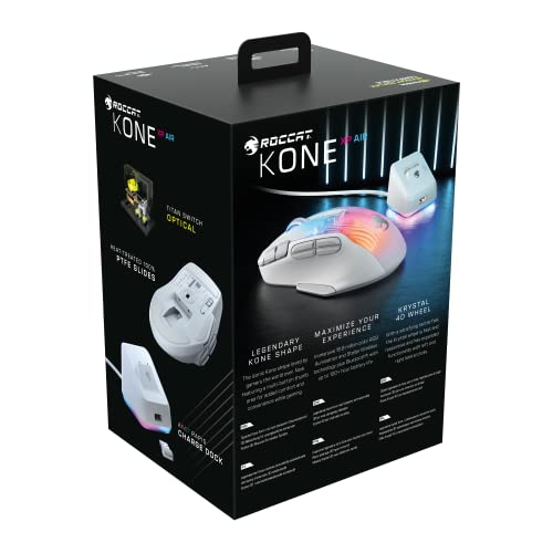 Roccat Kone XP Air – Wireless Gaming Mouse, 19K DPI Optical Sensor, 100h Battery, Charging Dock, AIMO RGB Lighting, White