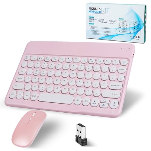 Bluetooth Keyboard, Wireless Keyboard and Mouse 2.4 USB Rechargeable Lightweight 10IN Universal Quiet Portable Mini Keyboard and Mouse Set for iPad,iOS,Mac,Windows,Android Tablet Laptop Upgrade- Pink