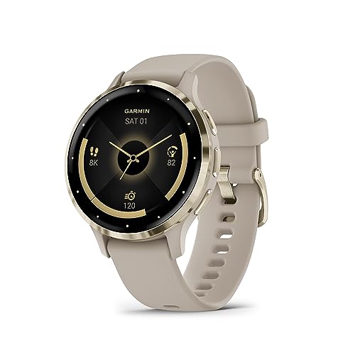 Garmin Venu 3S AMOLED GPS smaller sized Smartwatch with All-day Health Monitoring and Voice Functionality, Soft gold stainless steel bezel with French grey case and silicone band