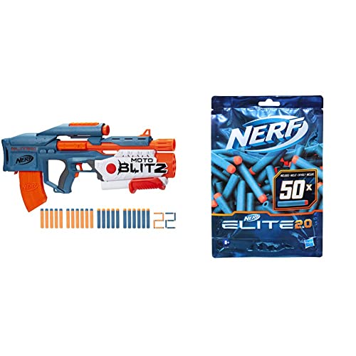 Nerf Elite 2.0 Motoblitz Blaster, Motorized 10-Dart Blasting & Elite 2.0 50-Dart Refill Pack - Includes 50 Official Nerf Elite 2.0 Darts, Compatible With All Nerf Elite Blasters