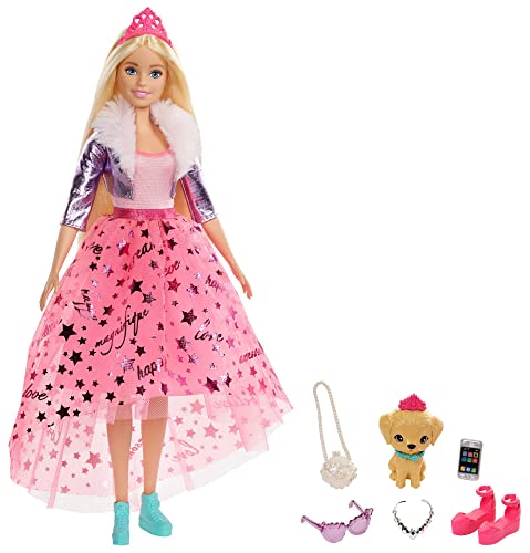 Barbie Princess Adventure Doll in Princess Fashion (12-in Blonde) Barbie Doll with Pet Puppy, 2 Pairs of Shoes, Tiara and 4 Accessories, for 3 to 7 Year Olds, GML76