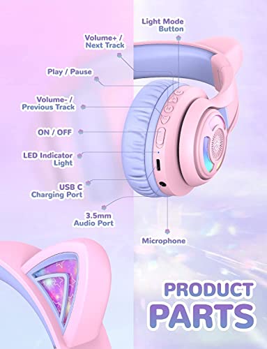 iClever Bluetooth Kids Headphones, BTH13 Cat Ear LED Light Up Wireless 50H Playtime, 74/85/94dB Volume Limiting Children Headphones with Microphone Over for School/Tablet/PC