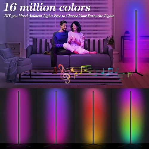 Corner Floor Lamp, 165cm Smart RGB LED Floor Lamp with App Remote Control, Music Sync, DIY Mode, Timer, 16 Million Colour Changing Standing Lamp, Dimmable Modern Mood Lighting for Living Room, Bedroom