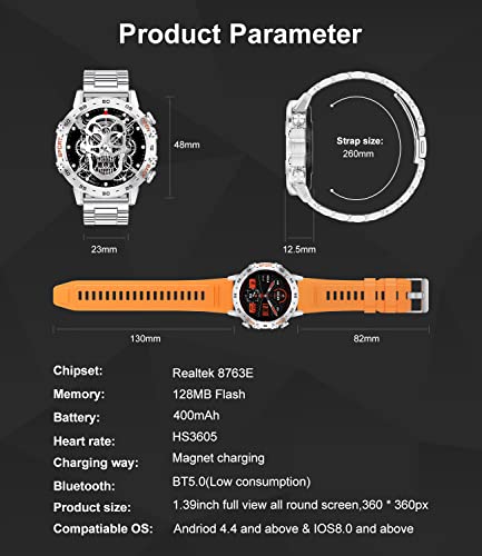 Men Smart Watch Bluetooth Answer/Make Call for Android iOS Phone 400 mAh 1.39" Outdoor Sport Activity Fitness Tracker 2 Watch Straps Silver Steel Male Music Smartwatch,Heart Rate Health Monitor