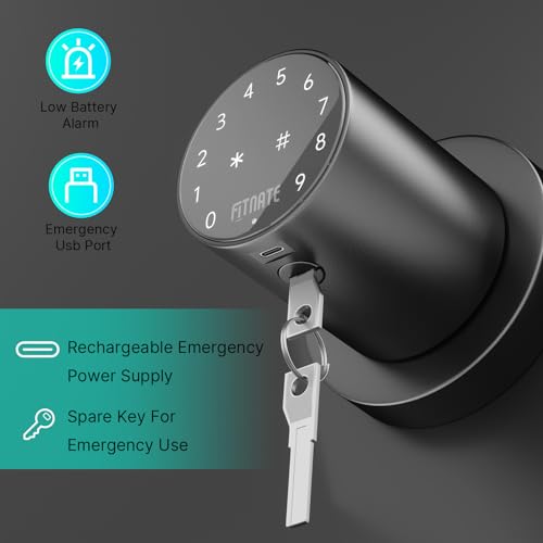 FITNATE Keypad Door Knob, Touch-Screen Digital Door Lock for Keyless Entry, Electronic Door Lock with Spare Keys, Easy to Operate and Install,15 User Passcode for Bedroom, Home and Office,Black