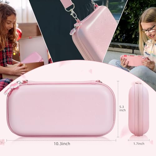 BRHE Pink Travel Carrying Case Accessories Kit for Switch Lite, Hard Protective Cover Skin Shell with Stand, Glass Screen Protector, Thumb Grip Caps 9 in 1