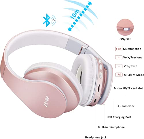 ZIHNIC Bluetooth Headphones Over-Ear, Foldable Wireless and Wired Stereo Headset Micro SD/TF, FM for Cell Phone,PC,Soft Earmuffs &Light Weight for Prolonged Wearing(Rose)