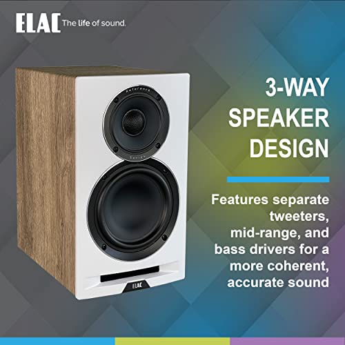 ELAC Uni-Fi Reference 3-Way 5-1/4" Floor Standing Speakers, Oak or Walnut Tower Speakers for Home Theater and Stereo System, White Baffle with Oak Sides
