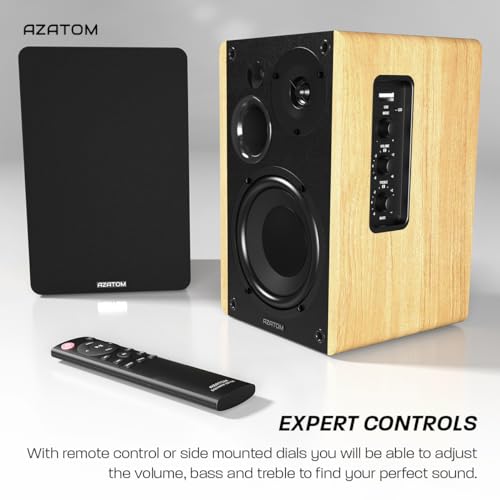 AZATOM EB100 Powered Bookshelf Hifi Speakers, 2.0 Active, Bluetooth, Wired, Wooden Enclosure, Perfect for Music, Vinyl records, Home Theatre, Gaming, Laptops, PC, 50 Watts (Oak)