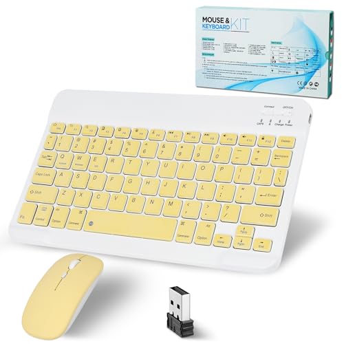 Bluetooth Keyboard, Wireless Keyboard and Mouse 2.4 USB Rechargeable Lightweight 10IN Universal Quiet Portable Mini Keyboard and Mouse set for iPad, iOS, Mac, Windows, Android Tablet Laptop-Yellow