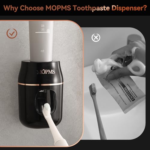 MOPMS Upgraded Toothpaste Dispenser Automatic Wall Toothbrush Holder for Bathroom Hanging Toothpaste Squeezer for Kids and Adult (Black & Rose Gold-1Pcs)