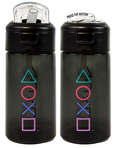 PlayStation Water Bottle & Keychain Gift For Adults & Kids | Gaming Sports Drink 18oz | Boy & Girl Gamer Present | Black Waterproof & Straw Drinking Cup