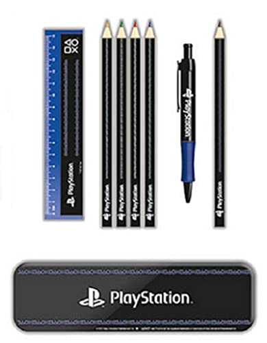 Playstation Bumper Stationery Set (Pinstripe Dark Design) with 3 Notebooks, Pencil Tin, Pens, Pencils, Sharpener, Erasers, Ruler, Lanyard and Stickers - Official Merchandise