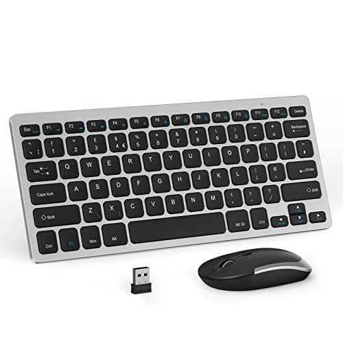 Compact Wireless Keyboard and Mouse Combo, 2.4G Portable Small Cordless Keyboard & Mouse Set UK QWERTY Layout for PC Computer Laptop, Black and Silver