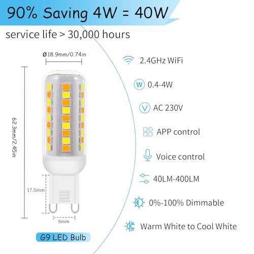 Wi-Fi Smart G9 LED Bulbs,Compatible with Alexa /Google Assistant, Dimmable,Warm White to Cool White, Brightness Adjustable 0%-100% 230V,0.4-4W,40LM-400LM,Timer Function G9 Smart LED bulb,2pack