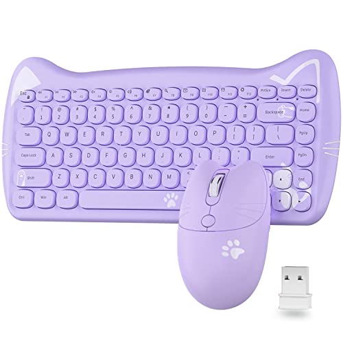 AJAZZ A3060 - Cute Cat Purple PC USB Wireless Keyboard and Mouse Set, 84 Keys Retro Typewriter Round Keycaps 65 percent, Small Cordless Aesthetic Mouse, Compatible Mac Laptop Computer for office game
